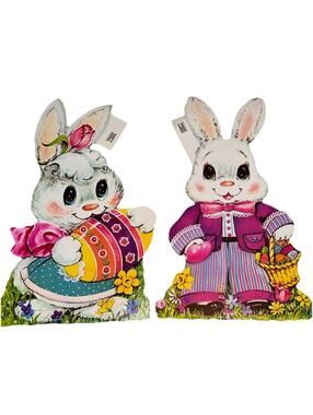 2 NEW 12" Vintage Paper Die Cut 2Sided Cardboard Mr. & Mrs. Easter BUNNY Rabbit